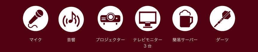 マイク・音響・プロジェクター・テレビモニター3台・簡易サーバーダーツ